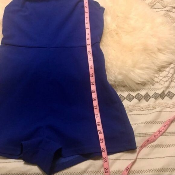 Women's Bright Blue Asymmetrical Sleeveless 90's Style Y2K High-Waisted Romper. - Picture 8 of 10